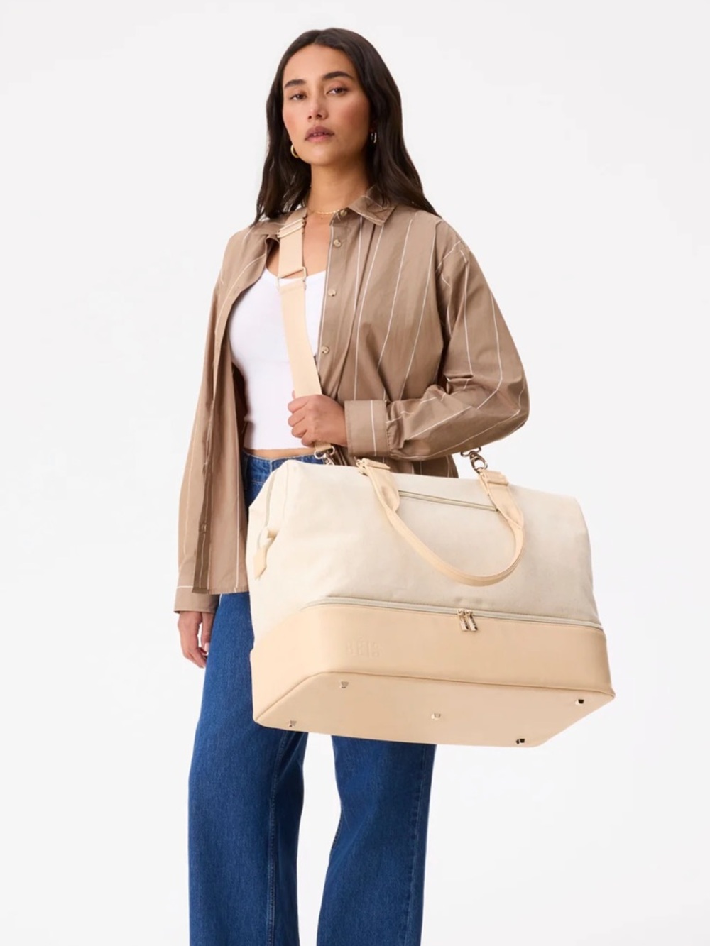 BEIS Cream and Tan Travel Duffel Bag